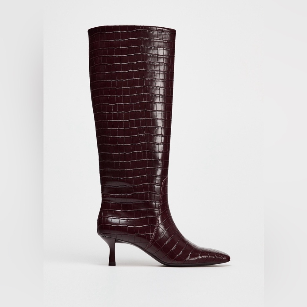 Elegant Burgundy Croc-Embossed Knee-High Boots
